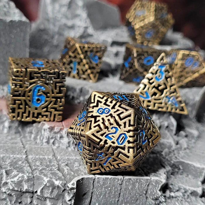 Mad Maze Antique Gold Hollow Set of 7 Metal Dice