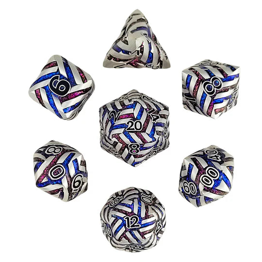 Cosmic Energy Brushed Steel Blue Red Metal RPG Dice Set of 7