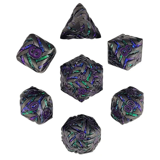 Cosmic Energy Matte Gunmetal Purple Green Metal RPG Dice Set of 7