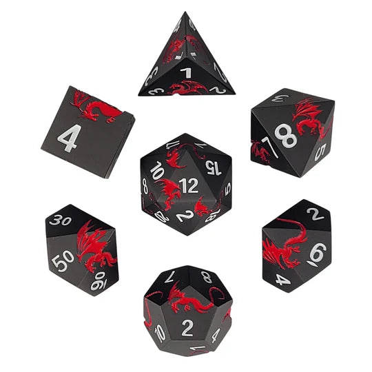 Dragons Flight Matte Gun Metal Red Metal RPG Dice Set of 7
