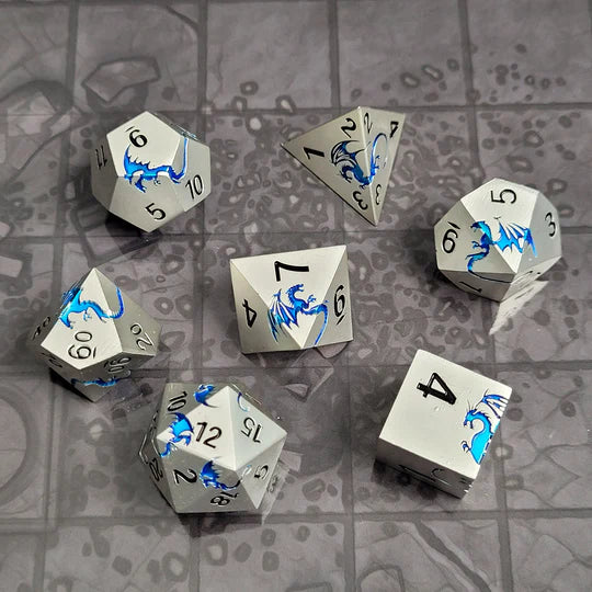 Dragons Flight Matte Silver Blue Metal RPG Dice Set of 7
