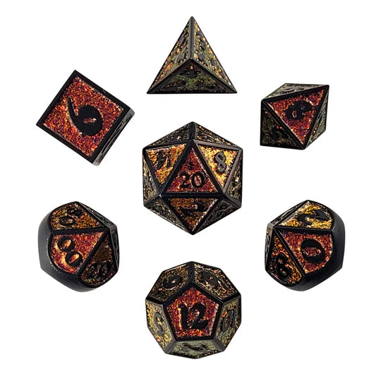 Guardian Matte Black Orange Red Shift Glitter Metal RPG Dice Set of 7