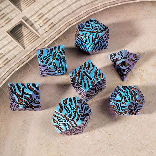 Tiger Stripe Blue Color Shift Red Glitter Metal RPG Dice Set of 7