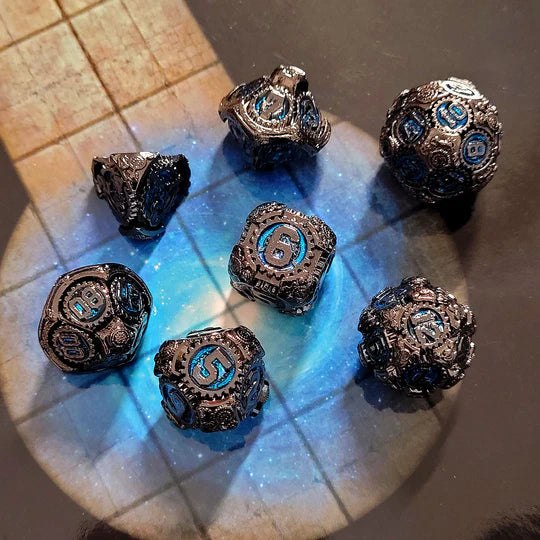 Chronomica Mechanicum Gunmetal Blue Metal RPG Dice Set