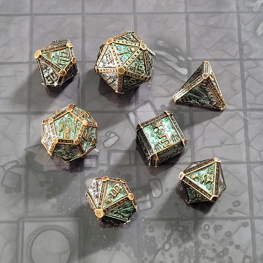 Cryptic Reliquary Shimmering Green Metal RPG Dice Set