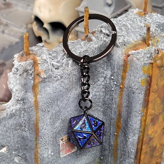Fob of Fate D20 Keychain and Bag Charm - Guardian Glossy Gunmetal with Blue Glitter