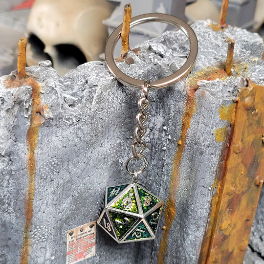 Fob of Fate D20 Keychain and Bag Charm - Guardian Polished Silver with Green Glitter