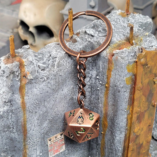 Fob of Fate D20 Keychain and Bag Charm - Signature Brushed Copper with Green Glitter