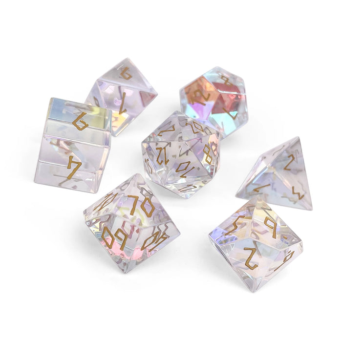K9 Rainbow Glass - Gold Font - 7 Piece RPG Set Glass Dice