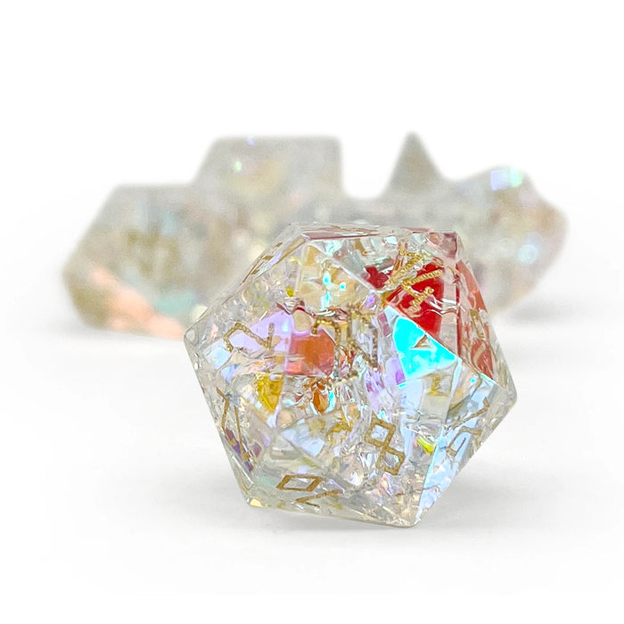 Frosted Shattered K9 Rainbow - Raised - 7 Piece RPG Set K9 Glass Dice