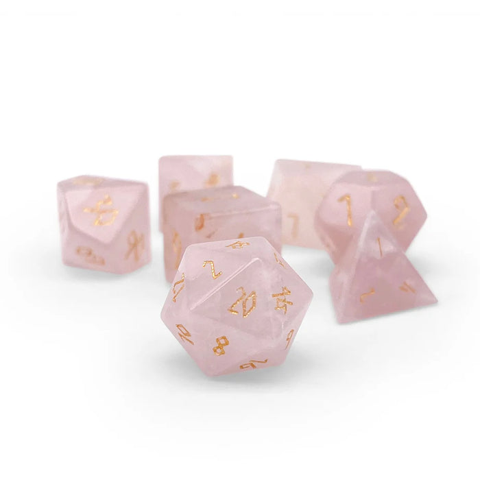 RPG 7 Dice Set | Gemstone - Rose Quartz - Gold Font Pebble