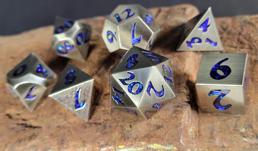 Forged Lore Antique Silver with Blue Mica 7-Piece Metal Dice Set